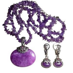 Vintage Amethyst Stone Beaded Pendant Necklace & Earrings Set